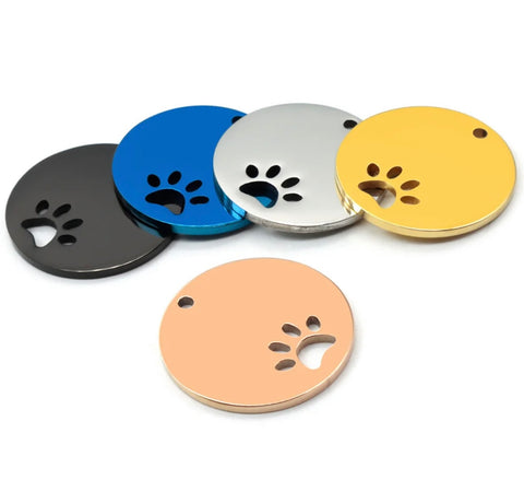 Name tag Round inner pierced dog paw Stainless steel
